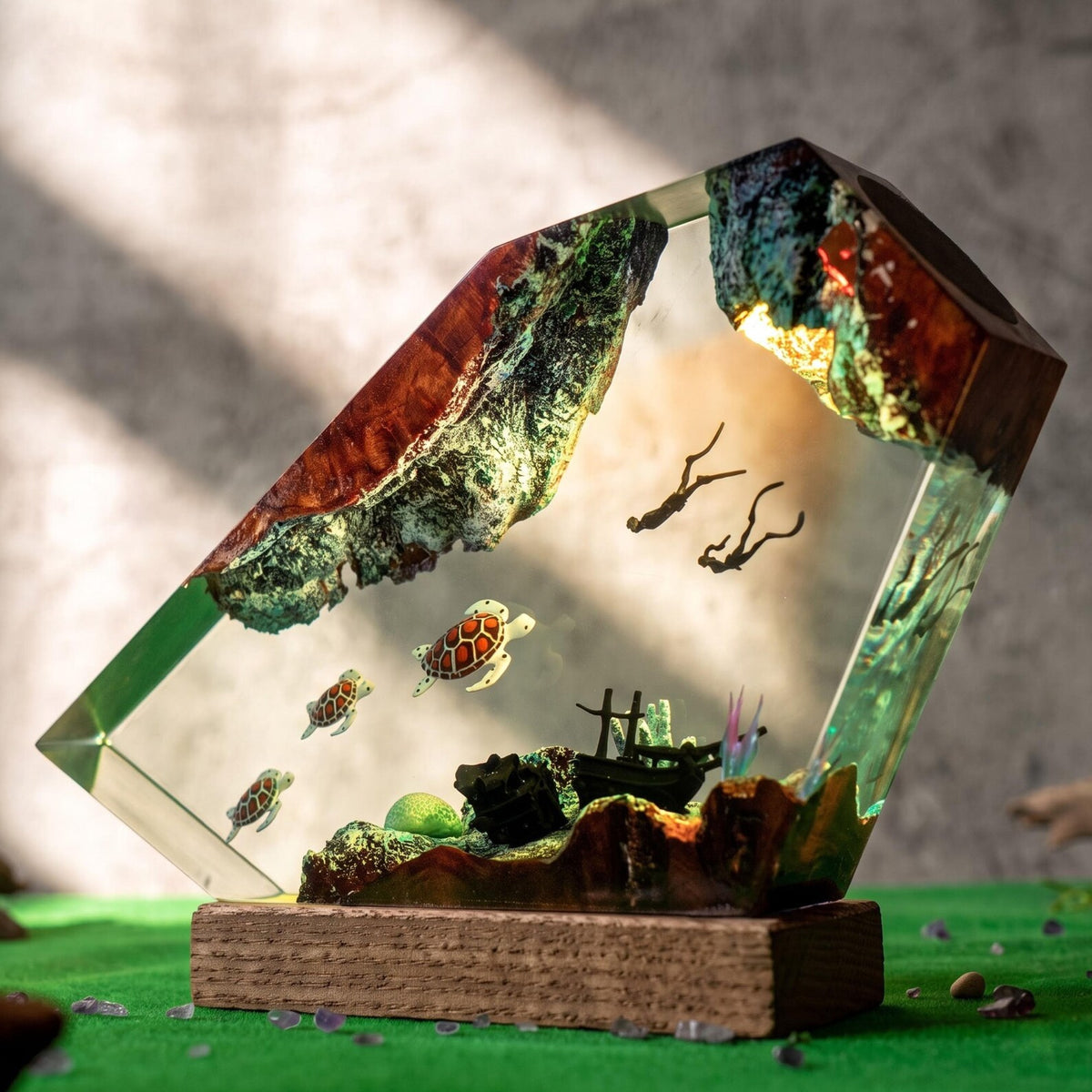 Custom Turtle Family Resin Night Light, Sea Turtle Diver Ocean Diorama, Coastal Handmade Decor