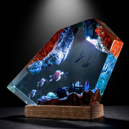 Custom Turtle Family Resin Night Light, Sea Turtle Diver Ocean Diorama, Coastal Handmade Decor