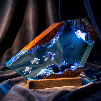 Custom Turtle Family Resin Night Light, Sea Turtle Diver Ocean Diorama, Coastal Handmade Decor