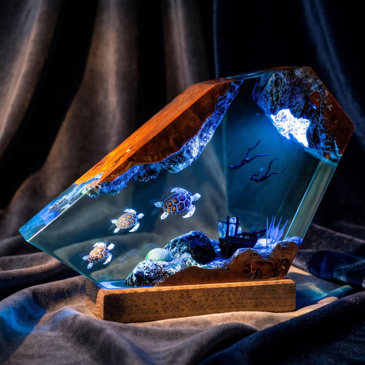 Custom Turtle Family Resin Night Light, Sea Turtle Diver Ocean Diorama, Coastal Handmade Decor