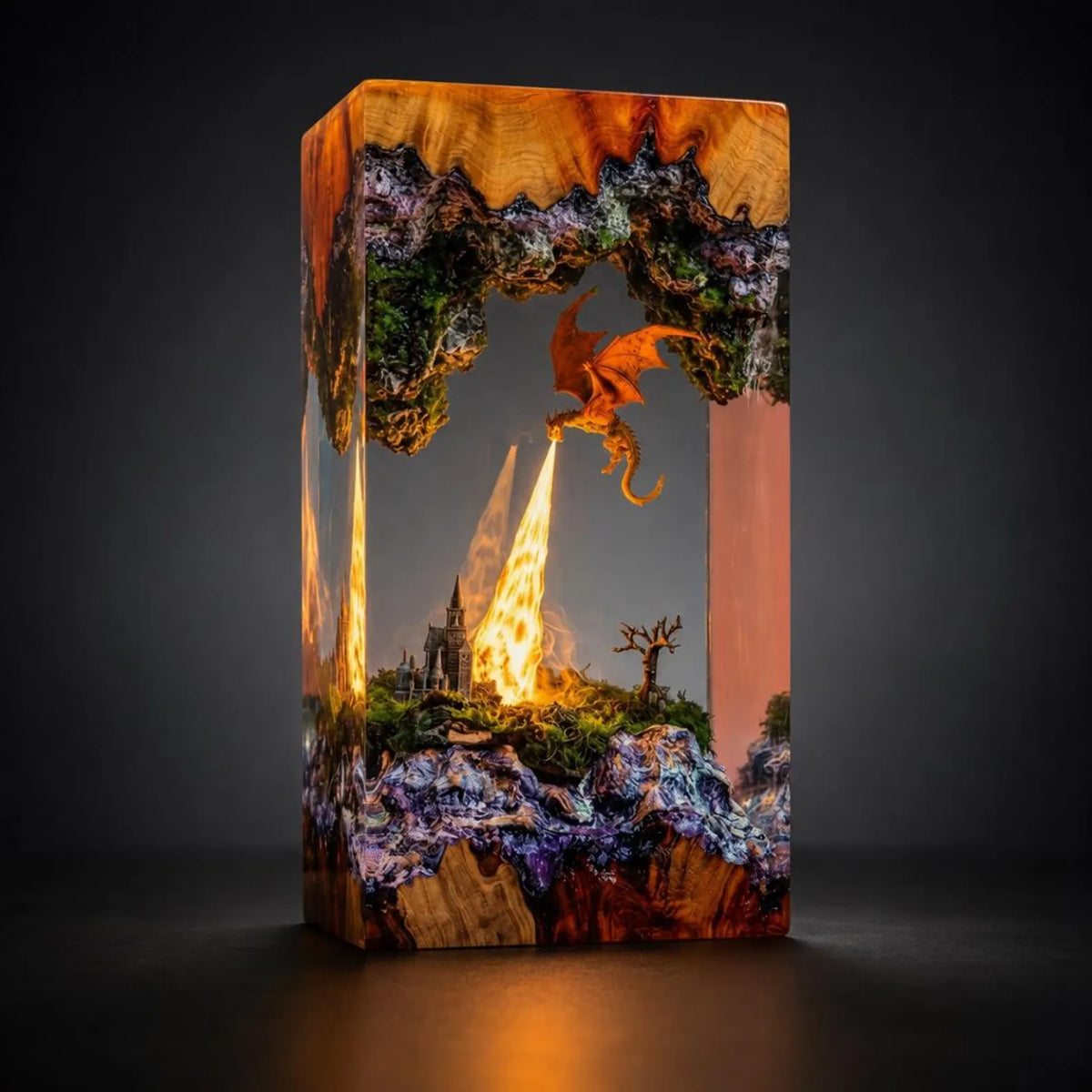 Fire Breathing Dragon Resin Lamp, Volcano Epoxy Night Light, Gothic Castle Fantasy Desk Decor