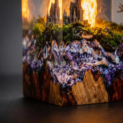 Fire Breathing Dragon Resin Lamp, Volcano Epoxy Night Light, Gothic Castle Fantasy Desk Decor