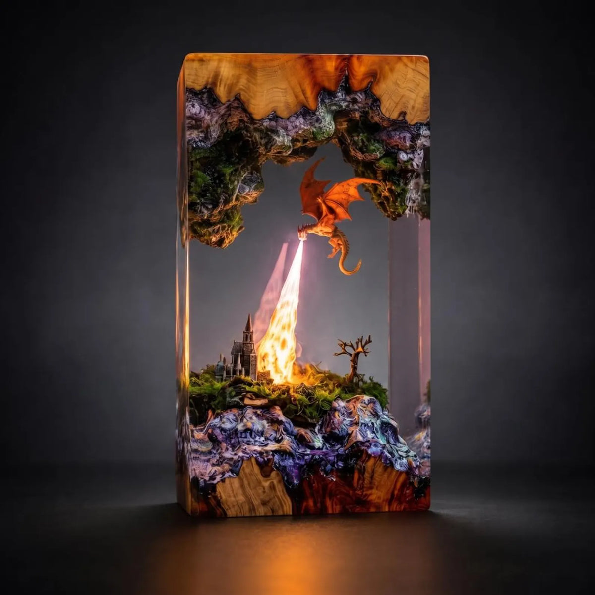 Fire Breathing Dragon Resin Lamp, Volcano Epoxy Night Light, Gothic Castle Fantasy Desk Decor
