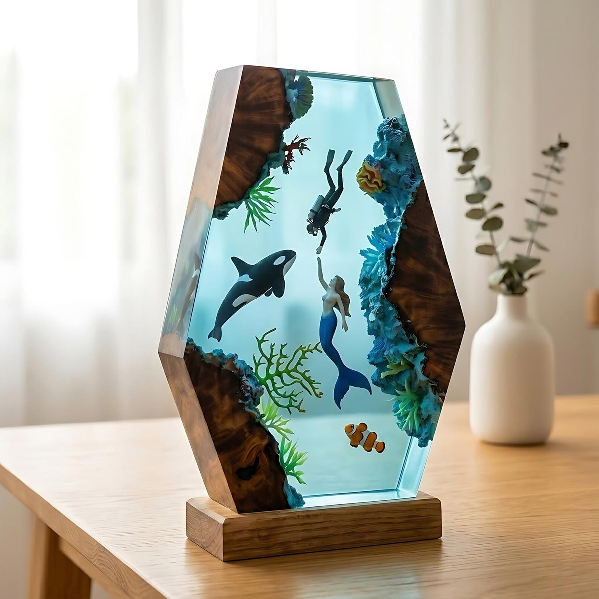 Handmade Resin Ocean Lamp Deep Sea Diorama Mermaid Orca Clownfish Wood Night Light Decor