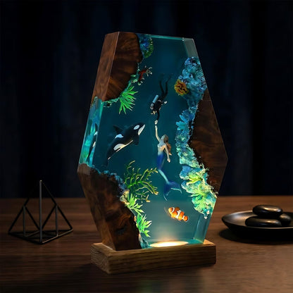 Handmade Resin Ocean Lamp Deep Sea Diorama Mermaid Orca Clownfish Wood Night Light Decor