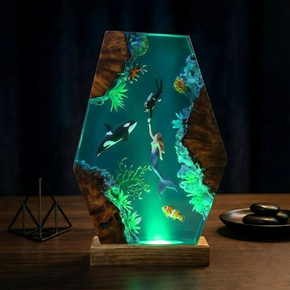 Handmade Resin Ocean Lamp Deep Sea Diorama Mermaid Orca Clownfish Wood Night Light Decor