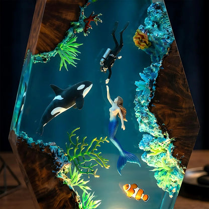 Handmade Resin Ocean Lamp Deep Sea Diorama Mermaid Orca Clownfish Wood Night Light Decor