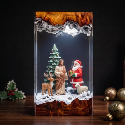 Santa and Jesus Resin Lamp – Christian Christmas Night Light with Reindeer