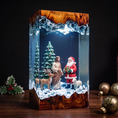 Santa and Jesus Resin Lamp – Christian Christmas Night Light with Reindeer