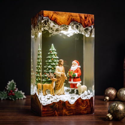 Santa and Jesus Resin Lamp – Christian Christmas Night Light with Reindeer