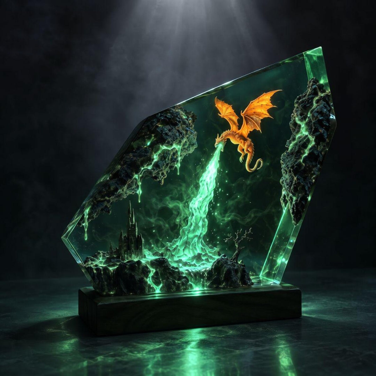 Fire Dragon Resin Lamp, Lava Castle LED Night Light, Handmade Epoxy Decor, Fantasy Desk Lamp