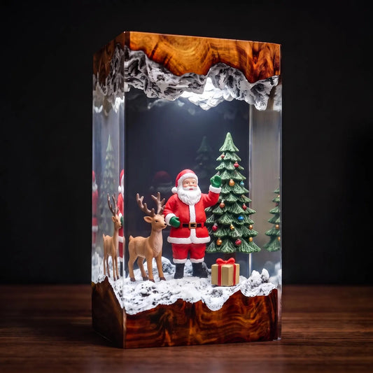 Santa and Reindeer Resin Lamp – Snowy Christmas Tree Night Light