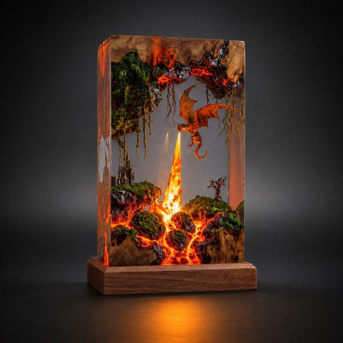 Fire Breathing Dragon Resin Lamp, Volcano Diorama Night Light, Gothic Castle Desk Decor, Dragon Statue
