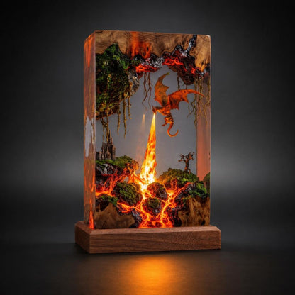 Fire Breathing Dragon Resin Lamp, Volcano Diorama Night Light, Gothic Castle Desk Decor, Dragon Statue