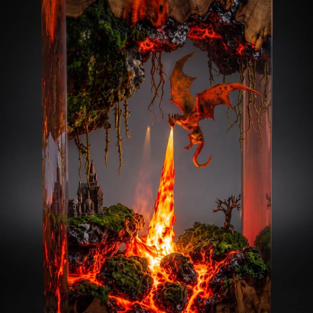 Fire Breathing Dragon Resin Lamp, Volcano Diorama Night Light, Gothic Castle Desk Decor, Dragon Statue