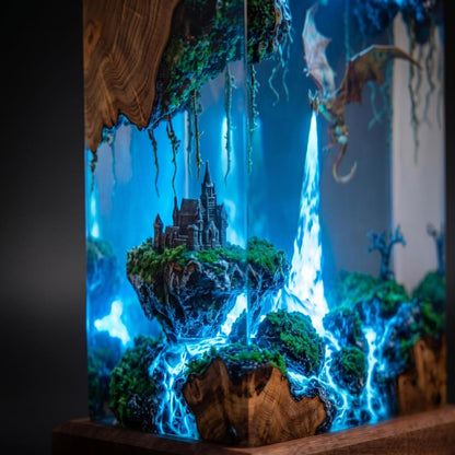 Fire Breathing Dragon Resin Lamp, Volcano Diorama Night Light, Gothic Castle Desk Decor, Dragon Statue