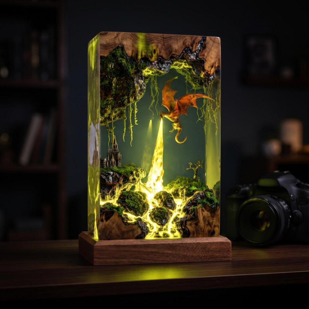 Fire Breathing Dragon Resin Lamp, Volcano Diorama Night Light, Gothic Castle Desk Decor, Dragon Statue