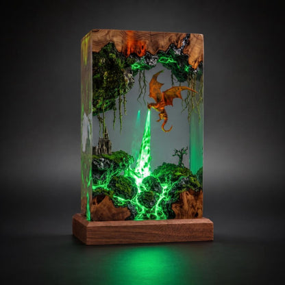 Fire Breathing Dragon Resin Lamp, Volcano Diorama Night Light, Gothic Castle Desk Decor, Dragon Statue