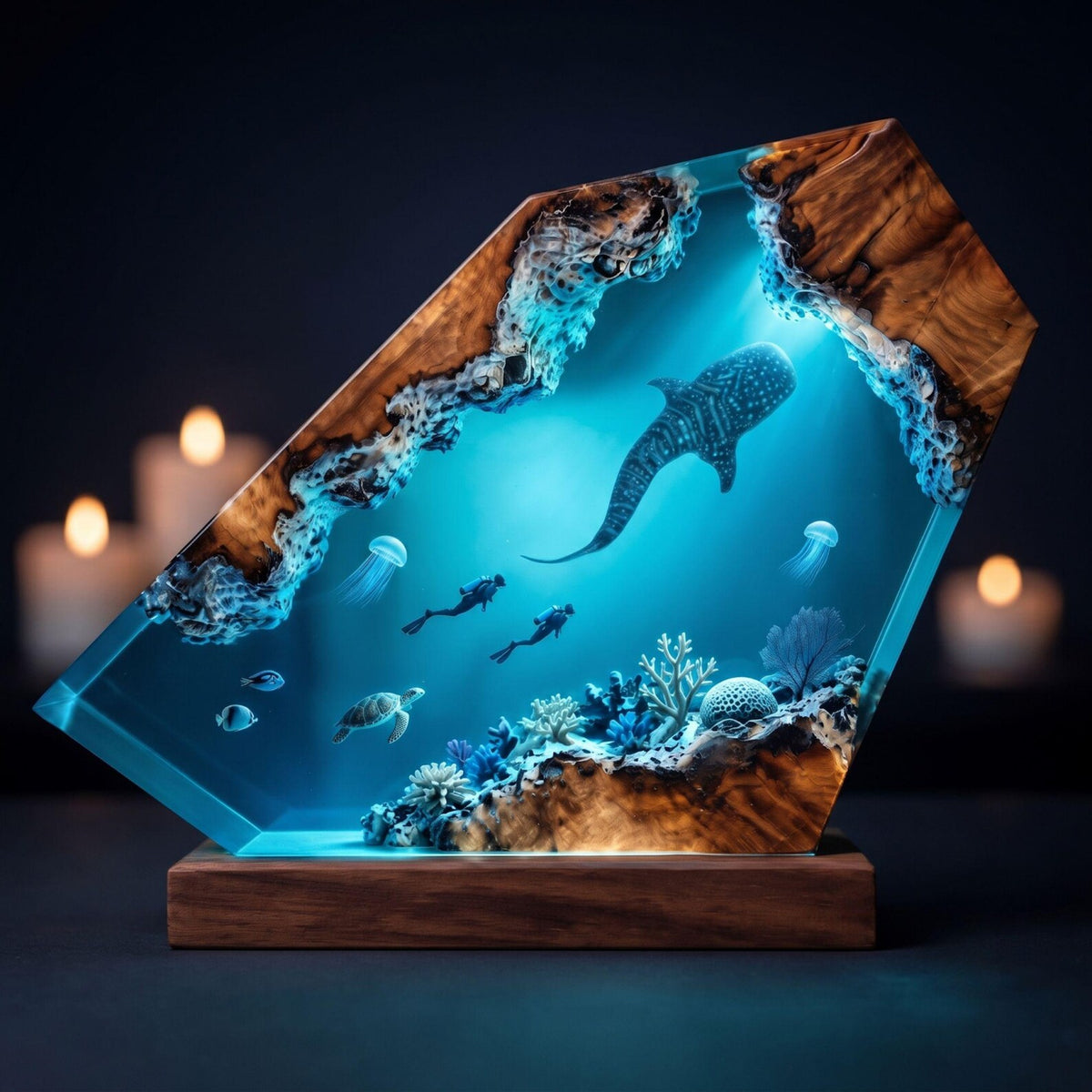 Whale Shark Resin Lamp – Handmade Ocean Night Light with Coral Reef
