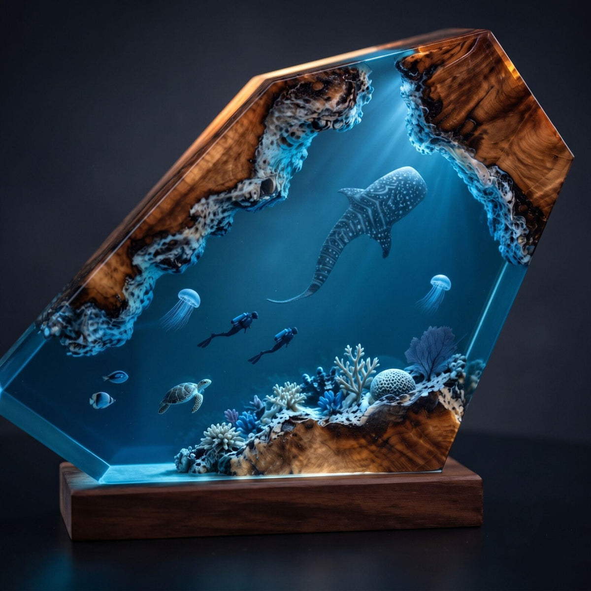 Whale Shark Resin Lamp – Handmade Ocean Night Light with Coral Reef