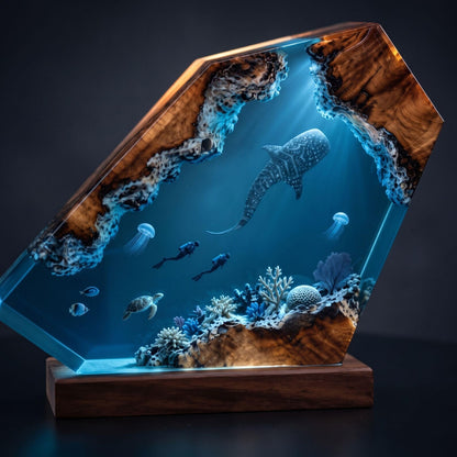 Whale Shark Resin Lamp – Handmade Ocean Night Light with Coral Reef