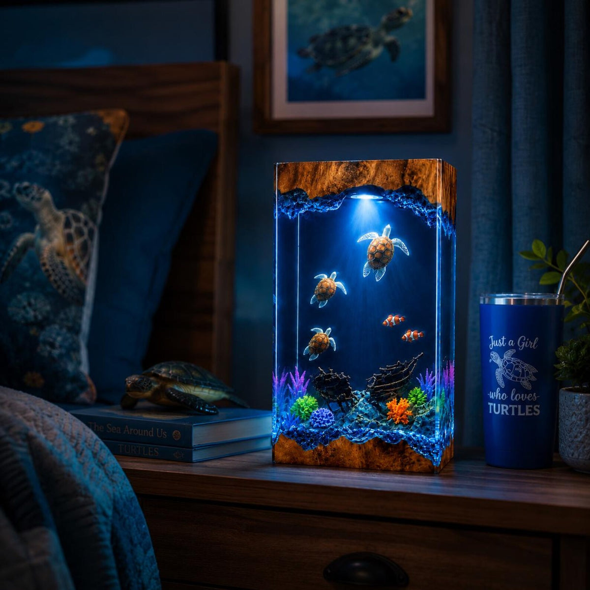 Sea Turtle Resin Lamp Ocean Night Light Shipwreck Coral Reef Handmade Underwater Diorama Decor
