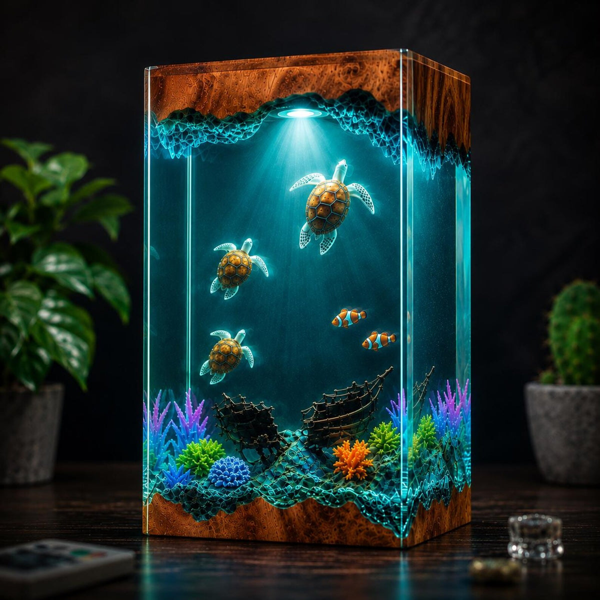 Sea Turtle Resin Lamp Ocean Night Light Shipwreck Coral Reef Handmade Underwater Diorama Decor