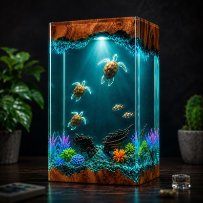Sea Turtle Resin Lamp Ocean Night Light Shipwreck Coral Reef Handmade Underwater Diorama Decor