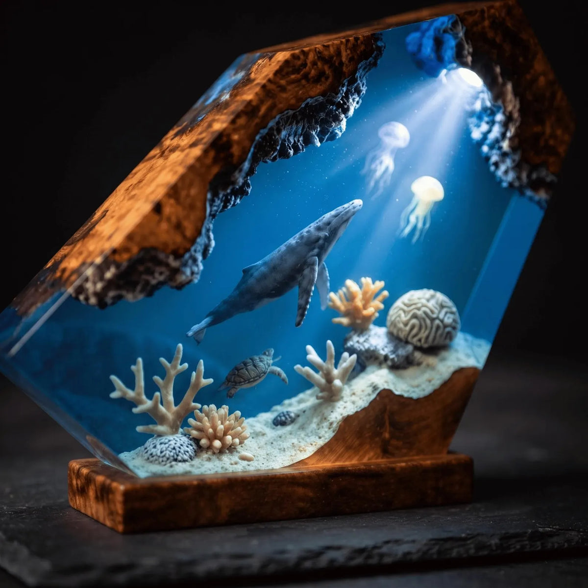 Humpback Whale Resin Lamp, Handmade Ocean Night Light, Jellyfish Coral Reef Table Decor Art