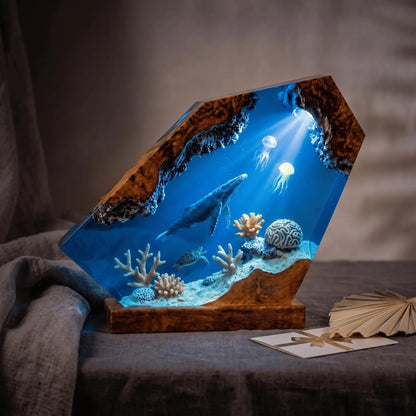 Humpback Whale Resin Lamp, Handmade Ocean Night Light, Jellyfish Coral Reef Table Decor Art