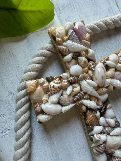 Resin Shell Cross, Handmade Coastal Christian Wall Decor, Beach House Religious Home Accent, Ocean Inspired Decoration