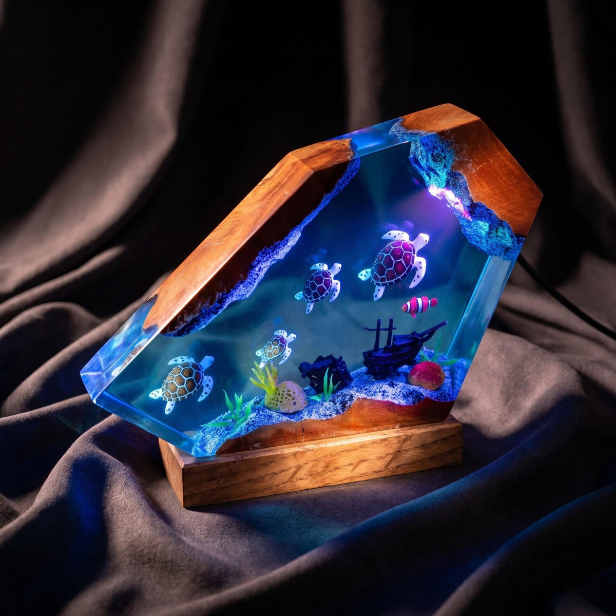 Custom Turtle Family Resin Night Light, Sea Turtle Diver Ocean Diorama, Coastal Handmade Decor