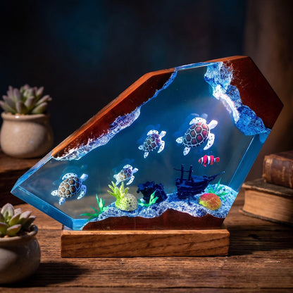 Custom Turtle Family Resin Night Light, Sea Turtle Diver Ocean Diorama, Coastal Handmade Decor