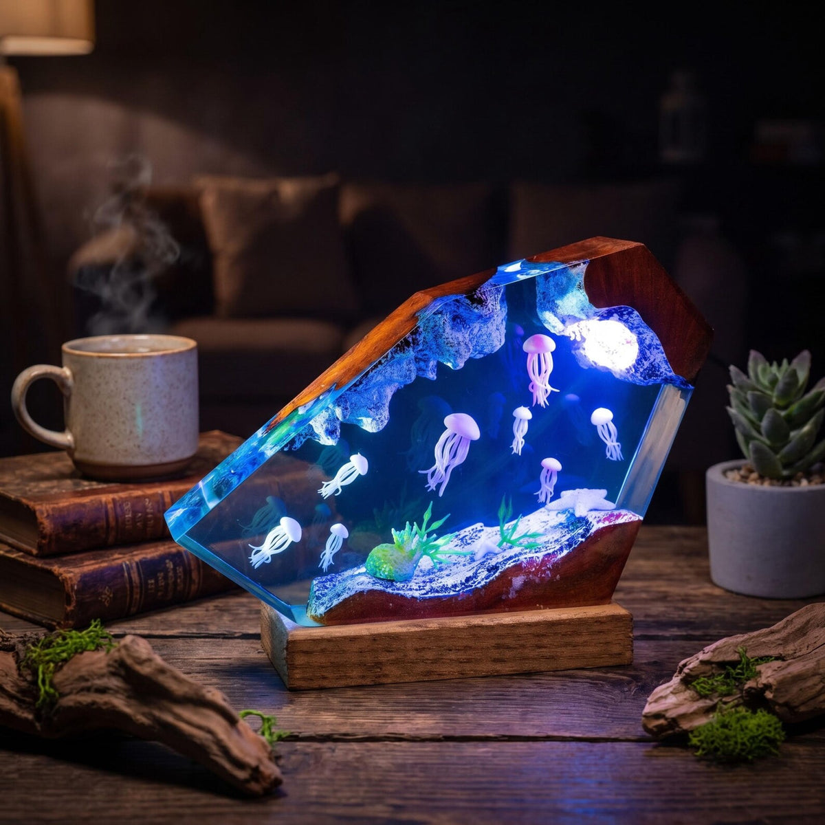 Glowing Jellyfish Resin Lamp, Deep Sea Ocean Night Light, Turtle Family Coral Reef Decor