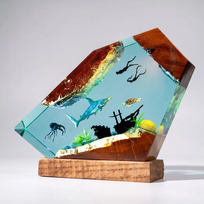 Hammerhead Shark Resin Lamp, Handmade Ocean Night Light, Scuba Diver Aquarium Decor