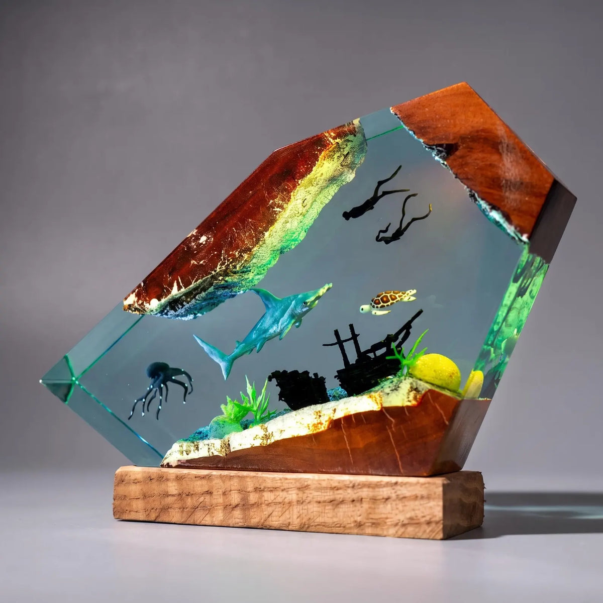 Hammerhead Shark Resin Lamp, Handmade Ocean Night Light, Scuba Diver Aquarium Decor