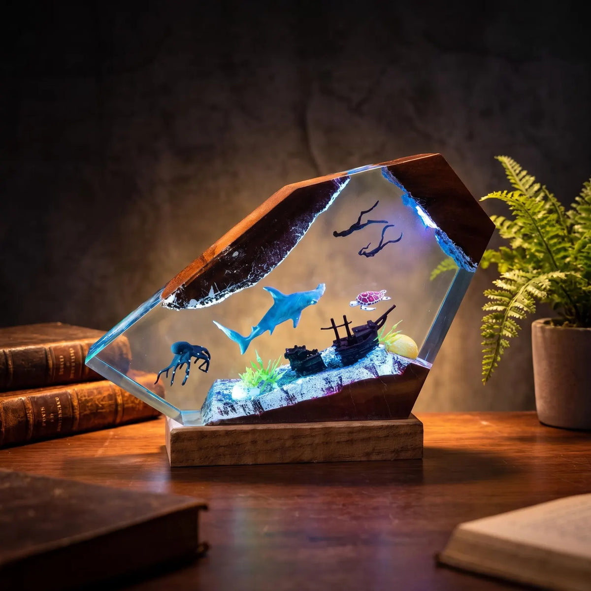 Hammerhead Shark Resin Lamp, Handmade Ocean Night Light, Scuba Diver Aquarium Decor