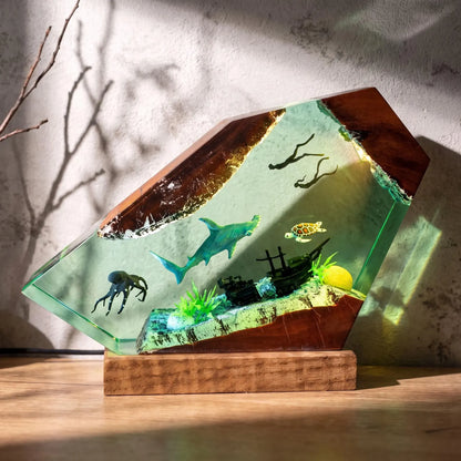Hammerhead Shark Resin Lamp, Handmade Ocean Night Light, Scuba Diver Aquarium Decor