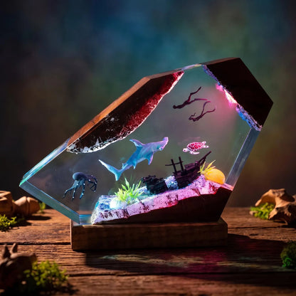 Hammerhead Shark Resin Lamp, Handmade Ocean Night Light, Scuba Diver Aquarium Decor