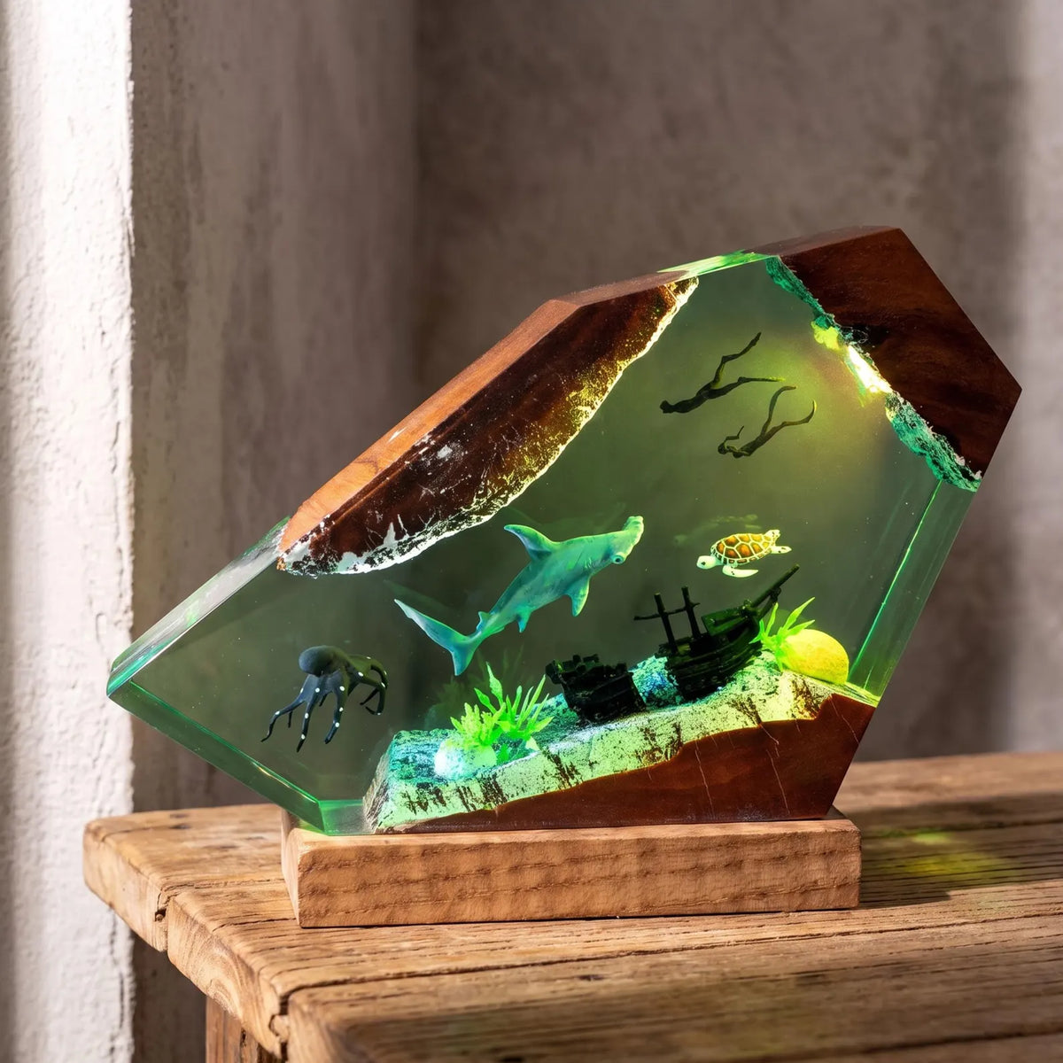 Hammerhead Shark Resin Lamp, Handmade Ocean Night Light, Scuba Diver Aquarium Decor