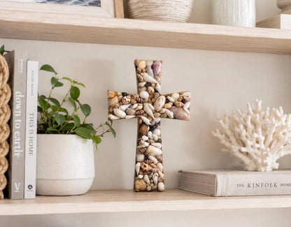 Resin Shell Cross, Handmade Coastal Christian Wall Decor, Beach House Religious Home Accent, Ocean Inspired Decoration