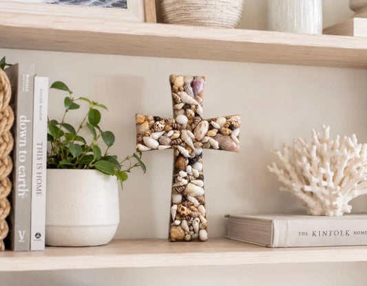 Resin Shell Cross, Handmade Coastal Christian Wall Decor, Beach House Religious Home Accent, Ocean Inspired Decoration