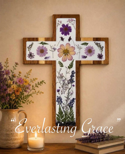 God’s Grace Pressed Flower Resin Cross, Handmade Wooden Christian Wall Decor, Traditional Latin Cross Decoration
