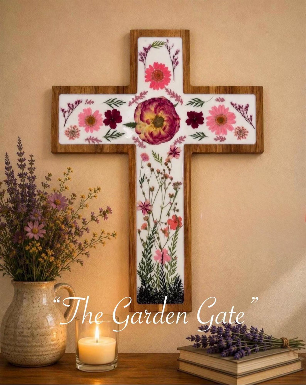 God’s Grace Pressed Flower Resin Cross, Handmade Wooden Christian Wall Decor, Traditional Latin Cross Decoration