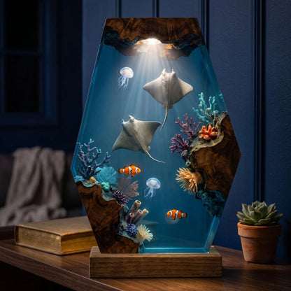 Manta Ray Resin Lamp, Handmade Ocean Night Light, Coral Reef Epoxy Wood Table Decor