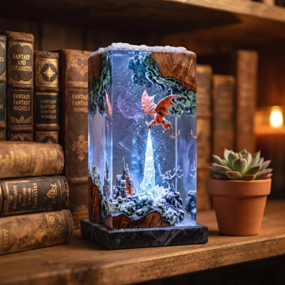 Ice and Fire Dragon Resin Lamp, Fantasy Castle Diorama, LED Night Light, Gamer Decor