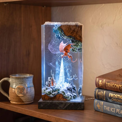 Ice and Fire Dragon Resin Lamp, Fantasy Castle Diorama, LED Night Light, Gamer Decor