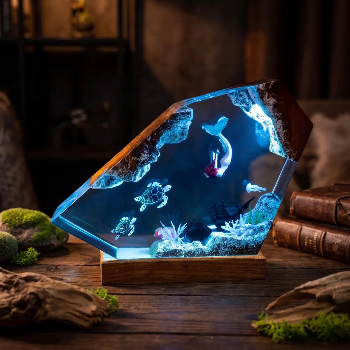 Turtle and Mermaid Resin Lamp, Handmade Underwater Fantasy Night Light, Coral Reef Decor