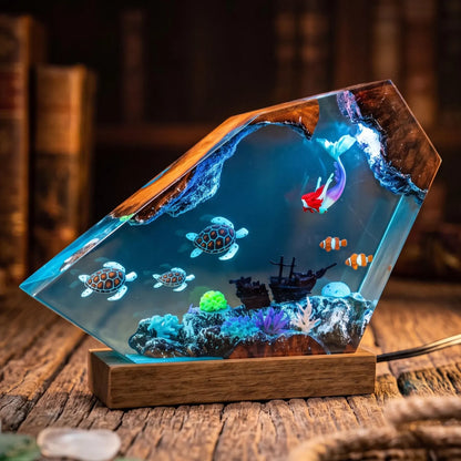 Turtle and Mermaid Resin Lamp, Handmade Underwater Fantasy Night Light, Coral Reef Decor
