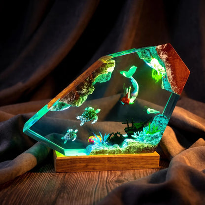 Turtle and Mermaid Resin Lamp, Handmade Underwater Fantasy Night Light, Coral Reef Decor